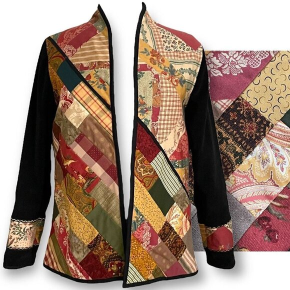 Vintage Stonehill Sue Quilted Patchwork Jacket Womens M/L Black Fleece Lining